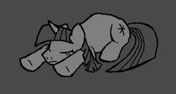 Size: 414x222 | Tagged: safe, artist:trfur, twilight sparkle, pony, unicorn, g4, eyes closed, gray background, lying down, monochrome, sad, simple background, unicorn twilight