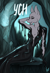 Size: 1640x2360 | Tagged: safe, artist:stirren, goo, anthro, advertisement, bondage, cavern, clothes, commission, dress, encasement, female, living clothes, living latex, looking at you, pinup, pose, sitting, solo, your character here