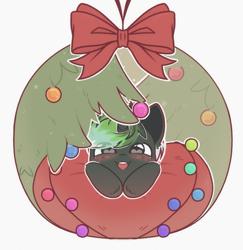 Size: 3205x3301 | Tagged: safe, artist:auroracursed, oc, oc:guaiacol, pony, unicorn, bow, christmas, christmas ornament, commission, decoration, high res, holiday, horn, simple background, solo, unicorn oc, ych result