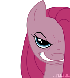 Size: 2485x2749 | Tagged: safe, artist:zeffdakilla, pinkie pie, earth pony, pony, g4, creepy, creepy smile, evil, evil smile, grin, high res, looking at you, pinkamena diane pie, simple background, smiling, smiling at you, solo, transparent background, vector