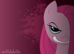 Size: 2489x1817 | Tagged: safe, artist:zeffdakilla, pinkie pie, earth pony, pony, g4, abstract background, creepy, creepy smile, evil, evil smile, gradient background, grin, looking at you, pinkamena diane pie, smiling, smiling at you, solo, vector