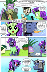Size: 1280x1949 | Tagged: safe, artist:candyclumsy, spike, oc, oc:dahlia pentacle, oc:dia pentacle, oc:duke pentacle, dragon, earth pony, pony, unicorn, comic:revolution of harmony, g4, amputee, artificial wings, augmented, clothes, comic, dress, duke, earth pony oc, father and child, father and daughter, female, horn, male, mare, older, older spike, parent and child, prosthetic limb, prosthetic wing, prosthetics, stallion