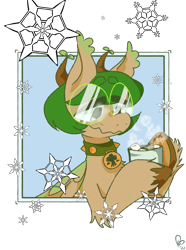 Size: 900x1210 | Tagged: safe, artist:pagophasia, derpibooru exclusive, oc, oc only, oc:hortis culture, hybrid, pony, bust, chocolate, collar, food, frog (hoof), glasses, hoof hold, horns, hot chocolate, leaf, looking down, marshmallow, mug, nonbinary, round glasses, simple background, smiling, snow, snowflake, solo, transparent background, underhoof, unshorn fetlocks, wings