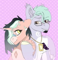 Size: 2980x3075 | Tagged: safe, artist:medkit, oc, oc only, oc:hako, oc:mira warm magic, pegasus, pony, unicorn, bandaid, bandaid on nose, beard, big eyes, chest fluff, couple, dots, duo, ear fluff, eyes open, facial hair, fangs, feather, female, fluffy, glasses, hair over one eye, high res, hoof on hoof, horn, jewelry, looking at each other, looking at someone, male, mare, multicolored hair, paint tool sai 2, pair, pattern, pendant, raised hoof, rough sketch, scar, short mane, sitting, sketch, smiling, stallion, tassels, teeth, wings