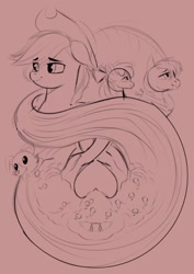 Size: 656x925 | Tagged: safe, artist:poxy_boxy, apple bloom, applejack, big macintosh, winona, dog, earth pony, pony, g4, apple siblings, apple sisters, brother and sister, bust, female, filly, foal, intertwined trees, male, mare, monochrome, red background, siblings, simple background, sisters, sketch, stallion, tree, wip