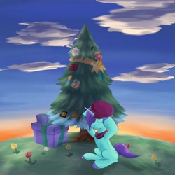 Size: 4096x4096 | Tagged: safe, artist:felldeal, onyx, pony, unicorn, series:daily drawing december, g5, christmas, christmas tree, eyes closed, female, hat, holiday, mare, present, solo, tree