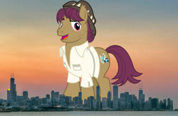 Size: 2048x1347 | Tagged: safe, anonymous editor, artist:cheezedoodle96, edit, snap shutter, earth pony, pony, g4, chicago, clothes, giant pony, giant/macro earth pony, hat, highrise ponies, illinois, irl, macro, male, mega giant, photo, ponies in real life, shirt, stallion