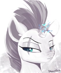 Size: 1109x1321 | Tagged: safe, artist:sketchiix3, tempest shadow, pony, unicorn, g4, broken horn, bust, eye scar, facial scar, female, horn, mare, monochrome, partial color, scar, signature, solo, sparks