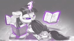Size: 1920x1080 | Tagged: safe, artist:sketchiix3, spike, twilight sparkle, alicorn, dragon, pony, g4, blanket, book, comic book, cute, duo, female, levitation, lying down, magic, male, mama twilight, mare, monochrome, mouth hold, neo noir, partial color, prone, sleeping, spikabetes, spikelove, telekinesis, tucking in, twiabetes, twilight sparkle (alicorn)