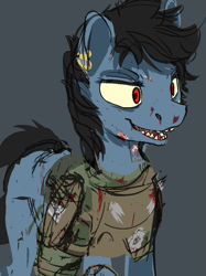 Size: 777x1037 | Tagged: safe, artist:woons, oc, oc:buckshot, pony, armor, blood, female, sharp teeth, solo, teeth