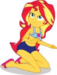 Size: 2482x3252 | Tagged: safe, alternate version, artist:dustinwatsongkx, sunset shimmer, human, equestria girls, g4, accessory swap, bare shoulders, bikini, clothes, clothes swap, eyebrows, female, high res, kneeling, lidded eyes, looking up, sandals, sci-twi swimsuit, simple background, sleeveless, smiling, solo, swimsuit, swimsuit swap, transparent background