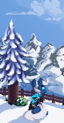 Size: 2160x4131 | Tagged: safe, artist:mariothepixelarter, oc, oc only, pegasus, pony, facing away, high res, pixel art, sitting, snow, solo, tree, winter