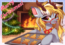 Size: 2480x1748 | Tagged: safe, artist:airiniblock, oc, oc only, oc:stormy, pony, antlers, baking sheet, bell, bell collar, chest fluff, christmas, christmas lights, christmas tree, collar, colored pinnae, cookie, eye clipping through hair, eyebrows, eyebrows visible through hair, fire, fireplace, food, gray coat, heart, heart eyes, holiday, jingle bells, merry christmas, open mouth, solo, tack, tree, two toned mane, wingding eyes