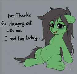 Size: 543x516 | Tagged: safe, artist:inkypuso, oc, oc only, oc:anon-mare, earth pony, pony, belly, belly button, chubby, dialogue, female, floppy ears, frog (hoof), gray background, mare, open mouth, signature, simple background, sitting, solo, talking to viewer, underhoof