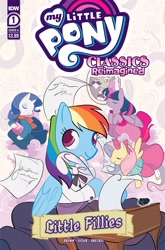 Size: 2063x3131 | Tagged: safe, artist:jenna ayoub, idw, official comic, accord, fluttershy, rainbow dash, rarity, twilight sparkle, alicorn, pony, g4, my little pony classics reimagined: little fillies, official, clothes, comic cover, cover art, dress, facial hair, high res, little women, moustache, my little pony logo, quill pen, suit, twilight sparkle (alicorn)