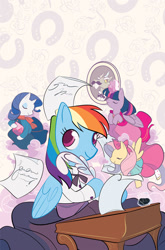 Size: 1024x1554 | Tagged: safe, artist:jenna ayoub, idw, official comic, accord, fluttershy, rainbow dash, rarity, twilight sparkle, alicorn, pony, g4, my little pony classics reimagined: little fillies, official, clothes, comic cover, cover art, dress, facial hair, little women, moustache, quill pen, suit, twilight sparkle (alicorn)