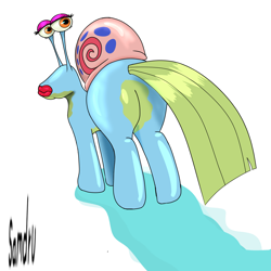 Size: 1414x1414 | Tagged: safe, artist:samueldavillo, hybrid, pony, snail, snail pony, abomination, butt, crossover, cursed image, gary the snail, looking at you, nightmare fuel, not salmon, plot, ponified, rule 85, sexy, simple background, solo, spongebob squarepants, ugly, wat, white background, why, wtf