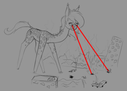 Size: 1750x1250 | Tagged: safe, artist:stray prey, oc, oc only, oc:lacy, giraffe, pony, car, destruction, eye beams, female, looking down