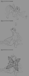 Size: 3000x7800 | Tagged: safe, artist:stray prey, queen chrysalis, oc, oc:lucent, changeling, changeling queen, pony, unicorn, g4, bad end, comic, game over, magic, monochrome, tail, tail sticking out, telekinesis, tongue out, uvula, vore