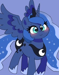 Size: 1395x1752 | Tagged: safe, artist:leo19969525, princess luna, alicorn, pony, blushing, crown, cute, cyan eyes, ears, ears up, female, hair, horn, jewelry, looking at you, lunabetes, mane, mare, regalia, simple background, smiling, solo, spread wings, tail, wings