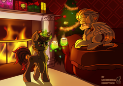 Size: 2500x1748 | Tagged: safe, artist:moonscream decepticon, spitfire, oc, oc:morozov, pegasus, pony, unicorn, g4, christmas, christmas tree, coffee, fire, fireplace, glasses, holiday, new year, present, tree