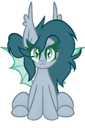 Size: 800x1200 | Tagged: safe, artist:chubbehbunneh16, oc, oc only, oc:midnight melody, bat pony, pony, 2023 community collab, derpibooru community collaboration, :3, bat pony oc, eye clipping through hair, simple background, sitting, solo, spread wings, transparent background, wings