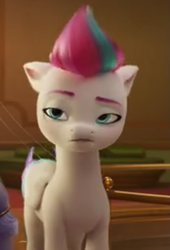 Size: 525x774 | Tagged: safe, edit, screencap, queen haven, zipp storm, pegasus, pony, g5, my little pony: a new generation, 3d, cropped, female, frown, looking left, mare, offscreen character, solo focus, unamused, wires, zipp storm is not amused