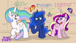 Size: 6198x3500 | Tagged: safe, artist:rupert, princess cadance, princess celestia, princess luna, spike, sunset shimmer, twilight sparkle, alicorn, dragon, pony, unicorn, series:sunsmoons&heartbellyballoons, g4, bedroom eyes, chibi, dialogue, fat, fat fetish, female, fetish, incentive drive, male, missing accessory, this will end in weight gain, tongue out