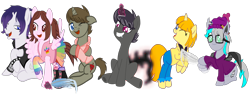 Size: 2100x800 | Tagged: safe, artist:darktailsko, oc, oc only, oc:batilla, oc:christian, oc:cutiechu, oc:darkknighthoof, oc:darkknightshade, oc:tippy toes, bat pony, earth pony, pegasus, pony, unicorn, 2023 community collab, derpibooru community collaboration, augmented, augmented tail, bat pony oc, beanie, boots, clothes, coat, evil smile, fangs, feather, female, fingerless gloves, glasses, gloves, glowing, glowing horn, grin, group, hat, hoodie, hoof tickling, horn, laughing, leggings, looking at each other, looking at someone, magic, male, mare, necktie, one eye closed, open mouth, ponified, ponified oc, rainbow socks, raised hoof, shirt, shoes, simple background, sitting, skirt, smiling, socks, spiked wristband, stallion, stockings, striped socks, suit, tail, thigh highs, tickle torture, tickling, transparent background, vest, wall of tags, wristband