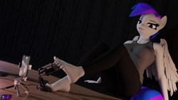 Size: 3840x2160 | Tagged: safe, artist:shadowboltsfm, oc, oc:inkwell stylus, anthro, plantigrade anthro, 3d, 4k, asmr, barefoot, blender, breasts, feet, female, fetish, foot fetish, high res, microphone, not sfm, phone, sitting, solo, wings