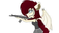 Size: 3840x2160 | Tagged: safe, artist:straighttothepointstudio, oc, oc only, bat pony, anthro, g5, aiming, ak-105, ak-47, anthro oc, assault rifle, bat pony oc, clothes, digital art, ear fluff, female, glasses, gun, happy, headset, high res, rifle, simple background, solo, tank top, transparent background, weapon