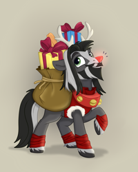 Size: 1629x2040 | Tagged: safe, artist:rutkotka, earth pony, pony, antlers, clothes, holiday, jacket, male, present, smiling, stallion