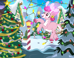 Size: 1161x900 | Tagged: safe, artist:pixelkitties, part of a set, bori the reindeer, deer, reindeer, g4, antlers, candy, candy cane, christmas, christmas lights, christmas tree, cloven hooves, ear piercing, earring, food, holiday, i can't believe it's not hasbro studios, jewelry, lamppost, piercing, rearing, snow, solo, tree, unshorn fetlocks