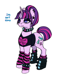 Size: 1940x2568 | Tagged: safe, artist:bluvsred, starlight glimmer, pony, unicorn, g4, choker, clothes, ear piercing, edgelight glimmer, emo, horn, leg warmers, makeup, piercing, shirt, simple background, socks, striped socks, white background, wristband