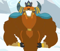 Size: 1280x1092 | Tagged: safe, artist:wish-granter, prince rutherford, yak, anthro, g4, big grin, cloven hooves, grin, male, muscles, muscular male, smiling, snow, solo