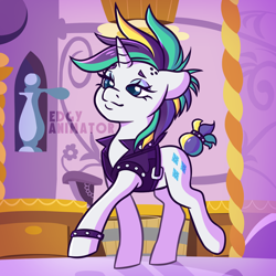 Size: 1200x1200 | Tagged: safe, artist:edgyanimator, derpibooru exclusive, rarity, pony, unicorn, g4, it isn't the mane thing about you, alternate hairstyle, blue eyes, blue eyeshadow, cute, digital art, eyeshadow, fashionista, female, firealpaca, full body, horn, makeup, mare, punk, purple hair, raripunk, redraw, smiling, smug, solo, standing, standing on two hooves, tail, watermark, white coat