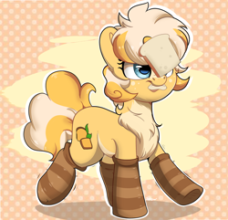 Size: 1958x1891 | Tagged: safe, artist:joaothejohn, oc, oc only, oc:lemon bread, earth pony, pony, balancing, bread, chest fluff, clothes, commission, cute, earth pony oc, food, looking up, nom, ponies balancing stuff on their nose, socks, solo, striped socks