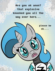 Size: 2550x3300 | Tagged: safe, artist:vareb, oc, oc:tango starfall, pony, unicorn, coa, dialogue, female, high res, implied anon, looking at you, looking down, looking down at you, mare, sky, solo, worried