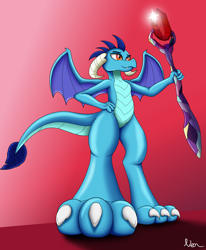 Size: 2580x3136 | Tagged: safe, artist:neondragon, princess ember, dragon, g4, bloodstone scepter, claws, dragon lord ember, dragoness, female, high res, low angle, scepter, simple background, solo, spread wings, wings