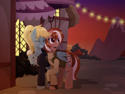 Size: 1600x1200 | Tagged: safe, artist:willoillo, oc, oc only, oc:roulette, oc:sunny hymn, earth pony, pegasus, pony, fallout equestria, fallout equestria: red 36, commission, date, duo, fanfic art, hug, ponyville, string lights, sunset, wing hold, winghug, wings
