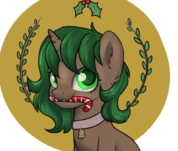 Size: 2600x2200 | Tagged: safe, artist:dumbwoofer, oc, oc only, oc:pine shine, pony, unicorn, bell, bell collar, candy, candy cane, christmas, collar, ear fluff, female, food, high res, holiday, holly, holly mistaken for mistletoe, looking at you, mare, mouth hold, simple background, solo, transparent background, wreath