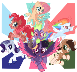 Size: 1024x953 | Tagged: safe, artist:firebugfrenzical, applejack, fluttershy, pinkie pie, rainbow dash, rarity, spike, twilight sparkle, alicorn, pony, g4, alternate design, coat markings, colored hooves, colored wings, colored wingtips, lightning mark, looking at you, mane seven, mane six, pale belly, recolor, septet, smiling, smiling at you, socks (coat markings), star mark, stars, swirls, swirly markings, twilight sparkle (alicorn), wings