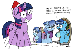 Size: 2396x1680 | Tagged: safe, artist:bobthedalek, twilight sparkle, oc, alicorn, inflatable pony, pegasus, pony, g4, bag, bread, christmas, clothes, female, filly, foal, food, hat, hearth's warming, holiday, inflatable, male, mare, ornament, saddle bag, santa hat, scarf, scrunchy face, simple background, snow, stallion, twilight sparkle (alicorn), unamused, white background