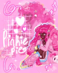 Size: 1080x1350 | Tagged: safe, artist:coralkunz, pinkie pie, human, g4, alternate hairstyle, bag, boots, bracelet, clothes, cute, dark skin, diapinkes, ear piercing, earring, eyeshadow, female, fingerless gloves, gloves, hairband, heart, hoodie, humanized, jewelry, leg warmers, makeup, mismatched socks, necklace, piercing, shoes, skirt, socks, solo, stockings, thigh highs