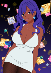 Size: 2098x3000 | Tagged: safe, artist:aquapiratepup, rarity, human, g4, absolute cleavage, big breasts, breasts, busty rarity, cleavage, clothes, cute, dark skin, dress, ear piercing, earring, eyeshadow, female, fishnet stockings, high res, humanized, jewelry, lipstick, makeup, necklace, piercing, raribetes, solo