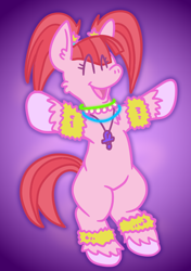 Size: 594x842 | Tagged: safe, artist:froutsuip, pacific glow, earth pony, pony, g4, ^^, accessory, bipedal, eyes closed, female, glowstick, happy, mare, open mouth, open smile, pacifier, pigtails, pink coat, rave, smiling, solo, standing on two hooves, twintails