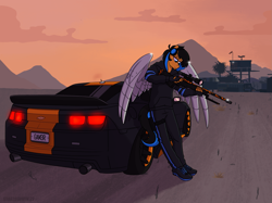 Size: 2743x2049 | Tagged: safe, artist:shallowwin, oc, oc only, anthro, plantigrade anthro, amputee, artificial wings, augmented, car, chevrolet camaro, clothes, commission, dessert, fingerless gloves, gloves, grand theft auto, gta online, gta v, gun, headphones, high res, metal wing, prosthetic limb, prosthetic wing, prosthetics, rifle, shoes, sneakers, solo, spread wings, weapon, wings
