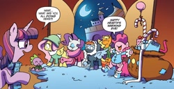 Size: 1334x682 | Tagged: safe, artist:katie cook, idw, official comic, applejack, fluttershy, pinkie pie, rainbow dash, rarity, spike, twilight sparkle, alicorn, dragon, earth pony, pegasus, pony, unicorn, g4, spoiler:comic, spoiler:comicholiday2015, baby, baby dragon, bundled up, bundled up for winter, clothes, dialogue, female, group, male, mane seven, mane six, mare, speech bubble, twilight sparkle (alicorn), winter outfit