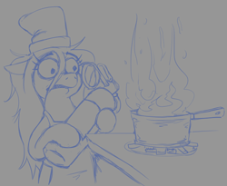 Size: 764x626 | Tagged: safe, artist:jargon scott, oc, oc only, oc:anon-mare, earth pony, pony, chef's hat, cooking, female, fire, fire extinguisher, gray background, hat, hoof hold, mare, monochrome, pot, simple background, solo, stove