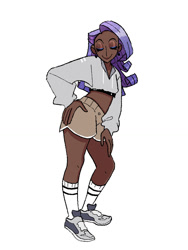 Size: 873x1163 | Tagged: safe, artist:stevetwisp, rarity, human, g4, clothes, dark skin, eyes closed, humanized, midriff, shoes, short shirt, shorts, simple background, smiling, socks, solo, white background
